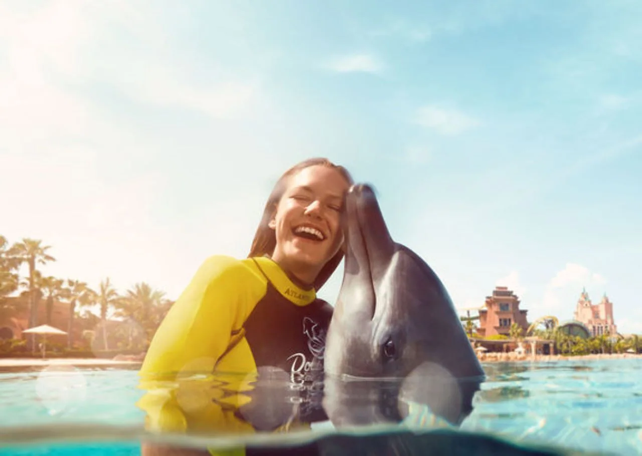 A guest meeting a dolphin in the sunlit lagoon at Atlantis, The Palm